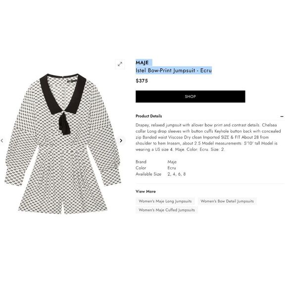 MAJE NWT Istel Bow-Print Jumpsuit - Ecru, Size Maje 40 / US Large, MSRP $375 - Picture 15 of 16